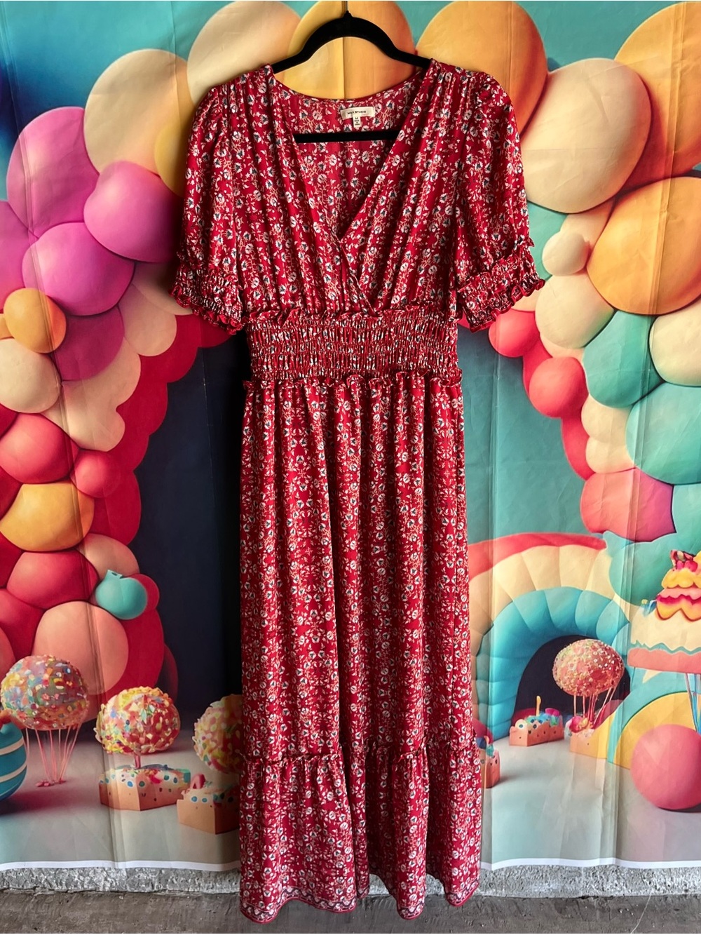 Max Studio Red Floral V‑Neck Smocked Maxi Dress
